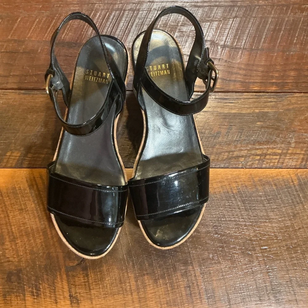 Stuart Weitzman Black Patent Leather Cork Wedge Sandals | size 7 - Picture 2 of 9